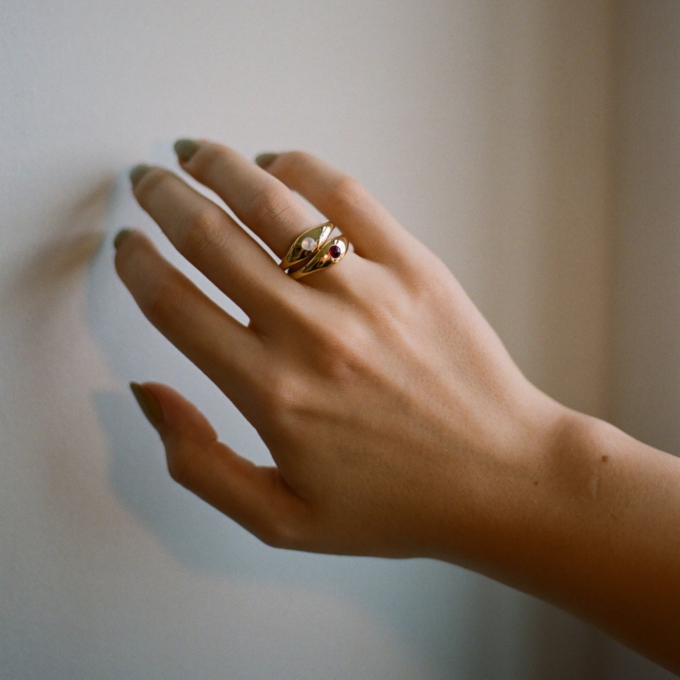 gold ring stack with pearl and ruby