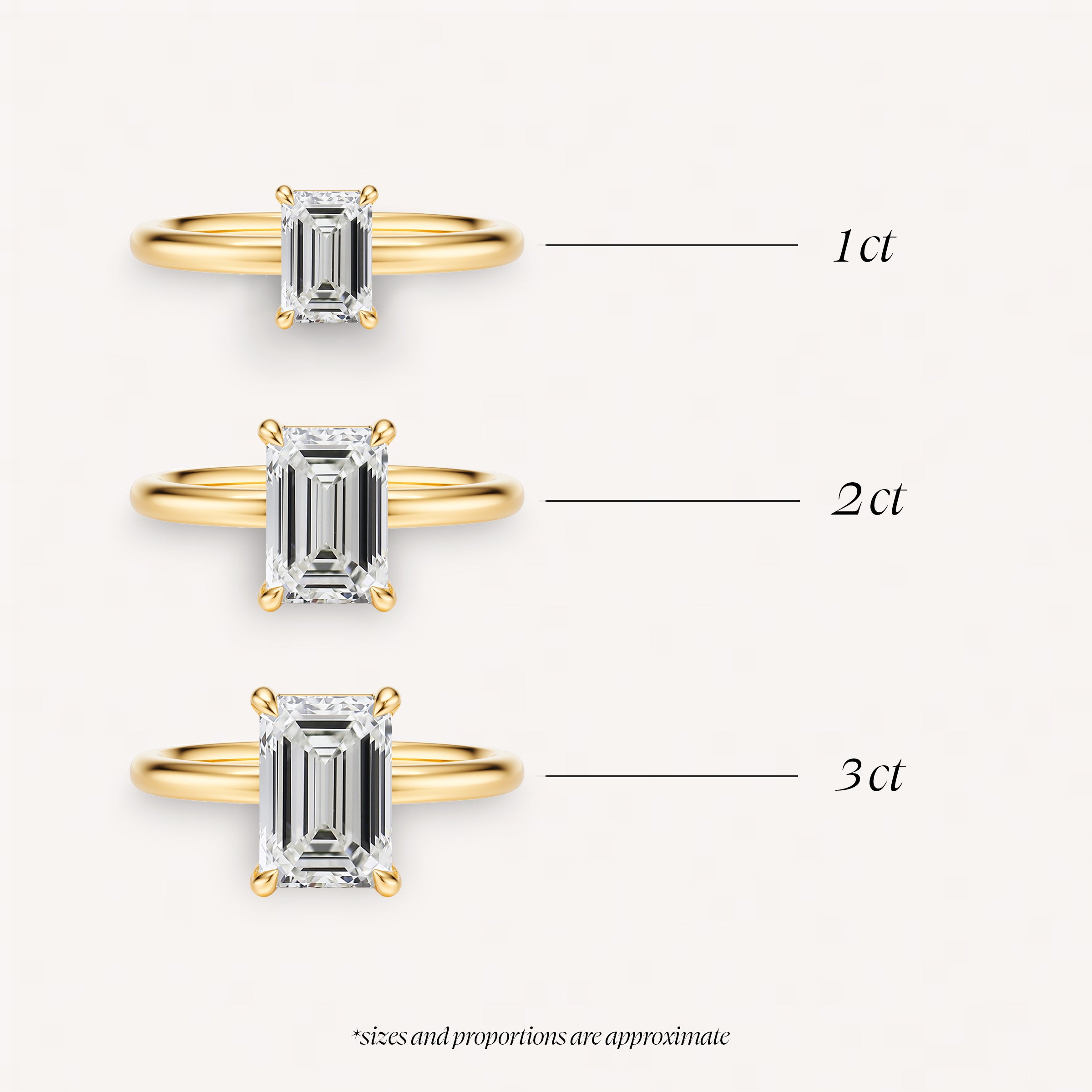 carat comparison of diamonds on emerald cut engagement ring 